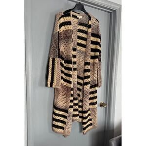 Elan Open Duster/Cardigan Women's Patchwork Long Sweater sz M  Loose Knit Boho